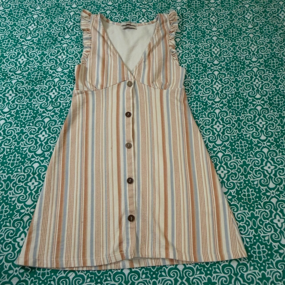 Pull&Bear‎ Womens Stripe Button Front Ruffle Mini Dress Orange Blue Size XS